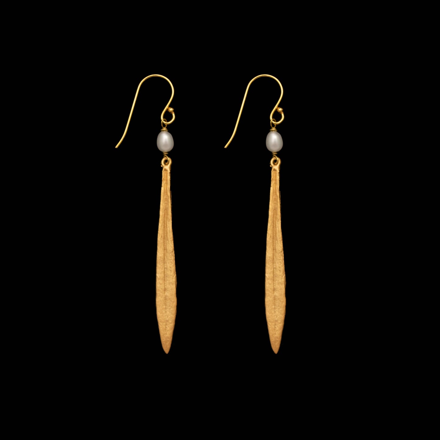Leaf & Bud Long Pearl Drop Wire Earrings