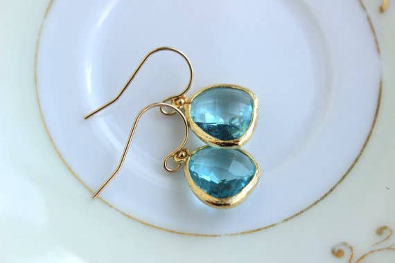 Aquamarine Blue Earrings Gold Plated, Mother's Day Gift
