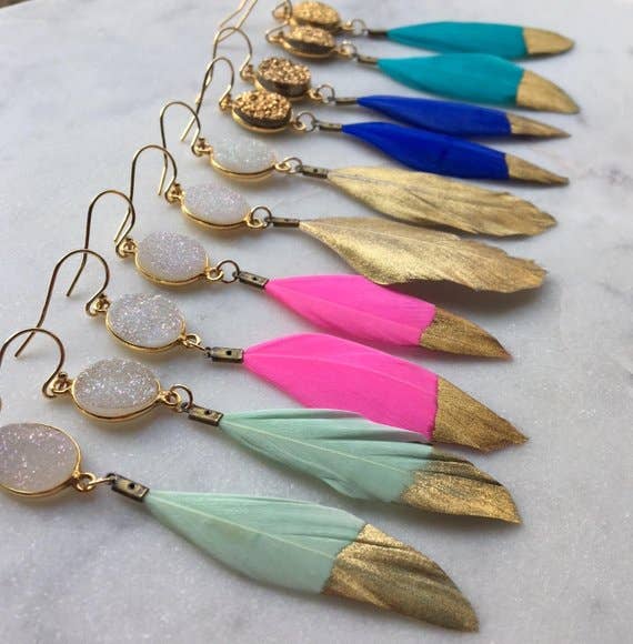 Gold Dipped Druzzy Feather Earrings