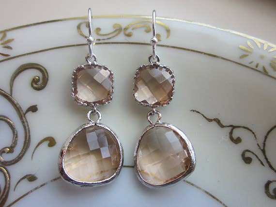 Champagne Peach Earrings Pink Silver Two Tier