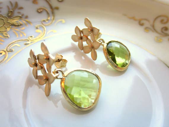 Peridot Apple Green Gold Cherry Blossom Earrings