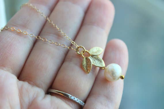 White Freshwater Pearl Gold Leaf Necklace