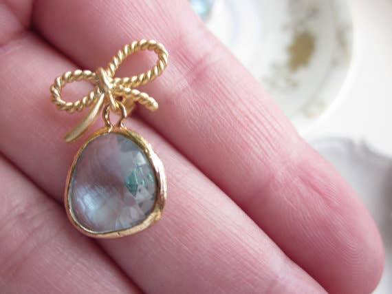 Aquamarine Blue Earrings Gold Bow