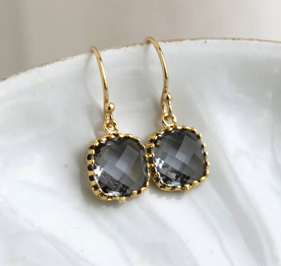 Dainty Charcoal Gray Earrings Gold
