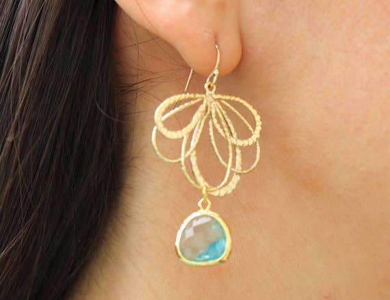 Aquamarine Earrings Gold Feather
