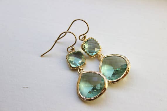 Gold Large Prasiolite Green Earrings