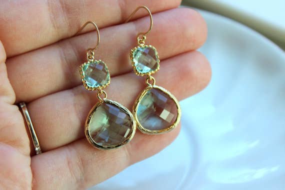 Gold Large Prasiolite Green Earrings