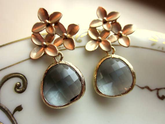 Charcoal Gray Earrings Gold Cherry