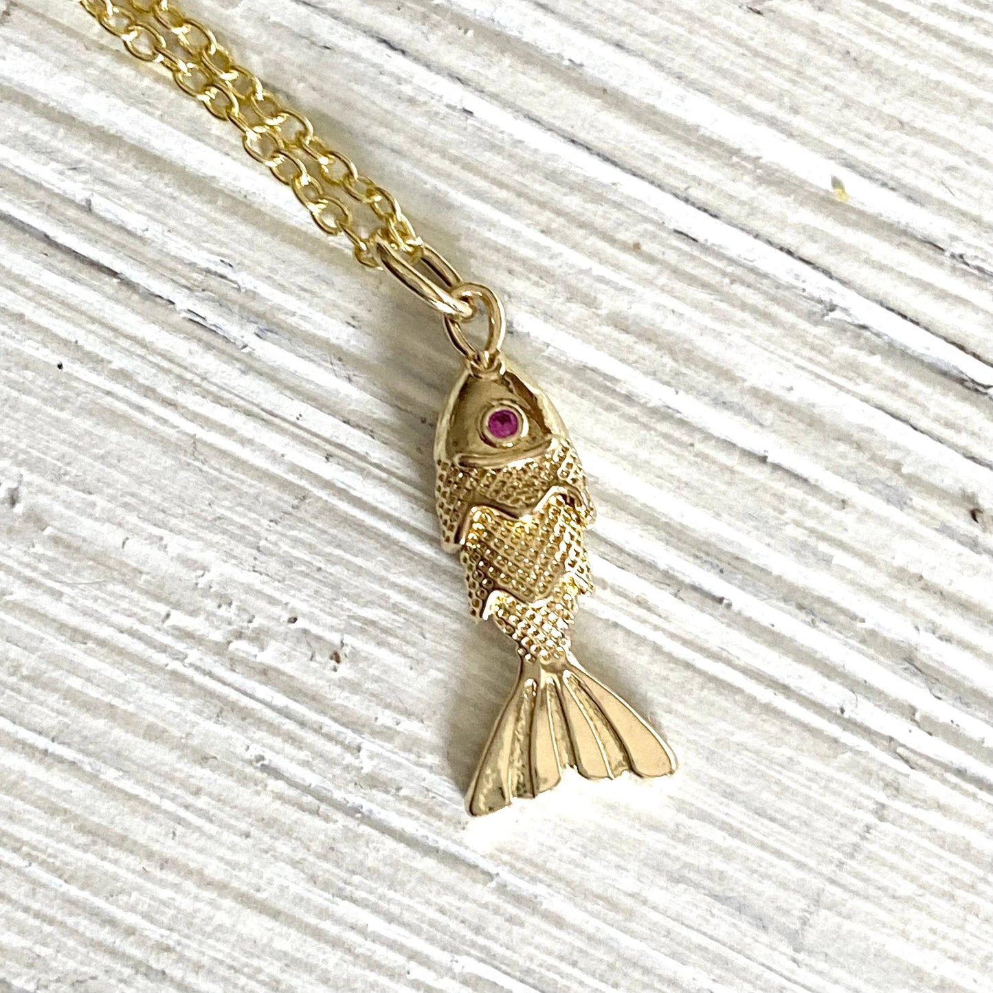 Gold fish necklace charm ruby eyes