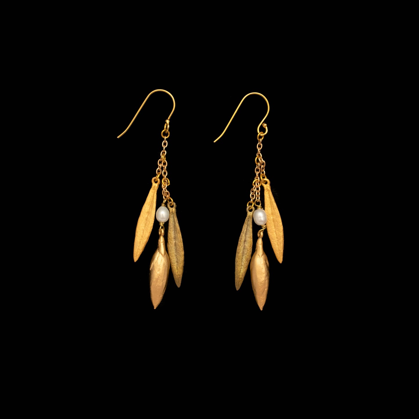 Leaf & Bud Long 3 Leaf Drop Wire Earrings