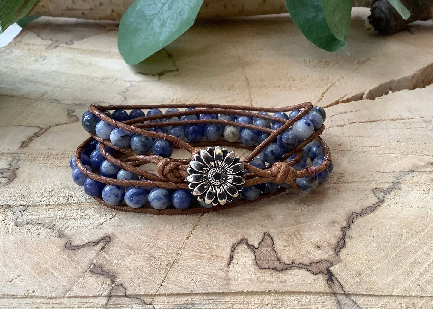 Bracelet, sodalite wrap beaded leather vegan bracelet