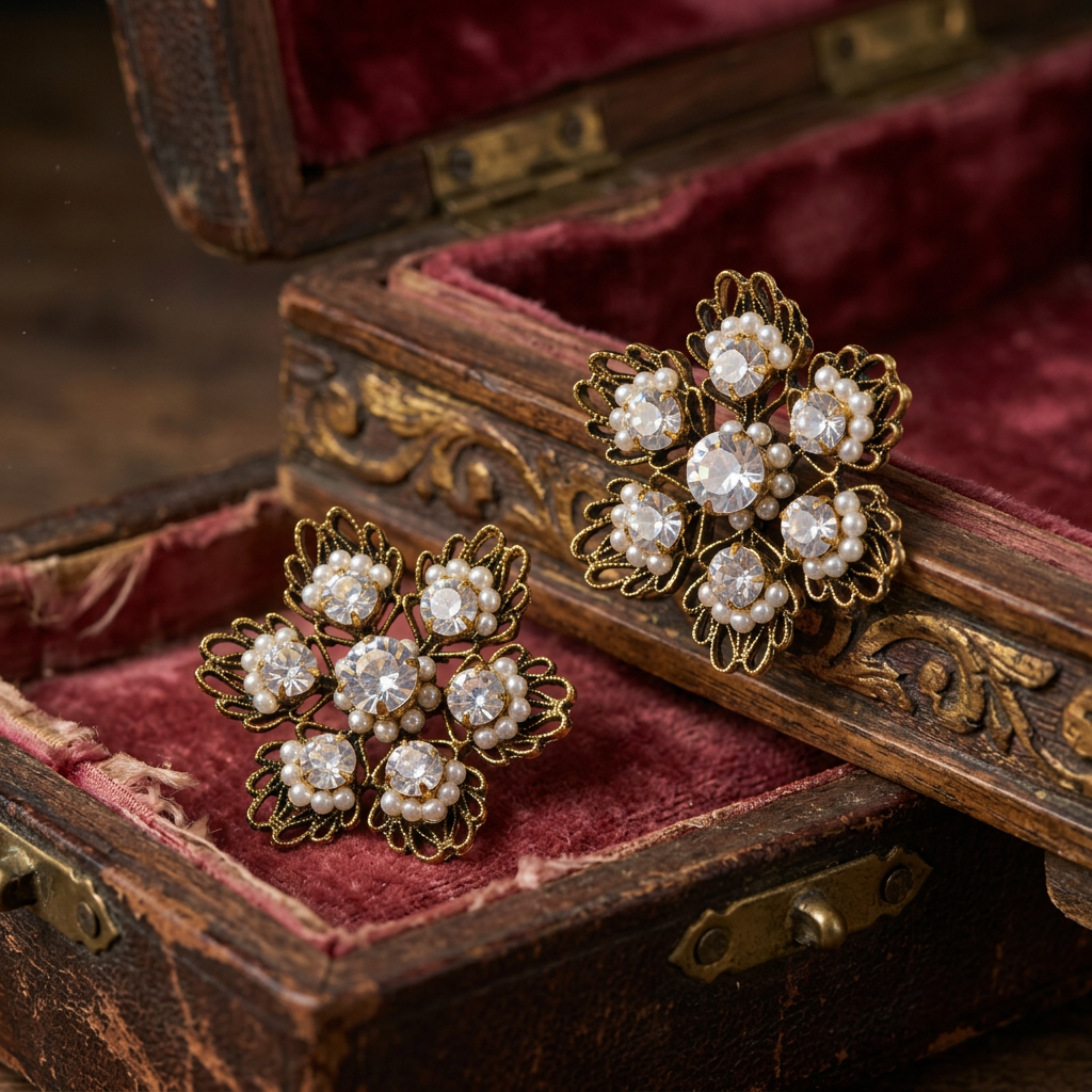 Vintage Gold Plated Hollow Floral Pearls & Crystals Earrings
