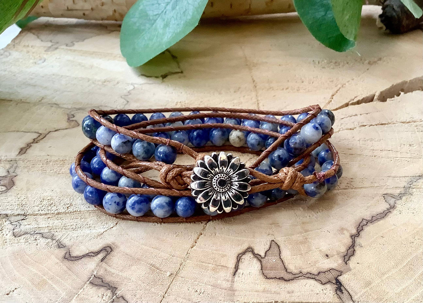 Bracelet, sodalite wrap beaded leather vegan bracelet