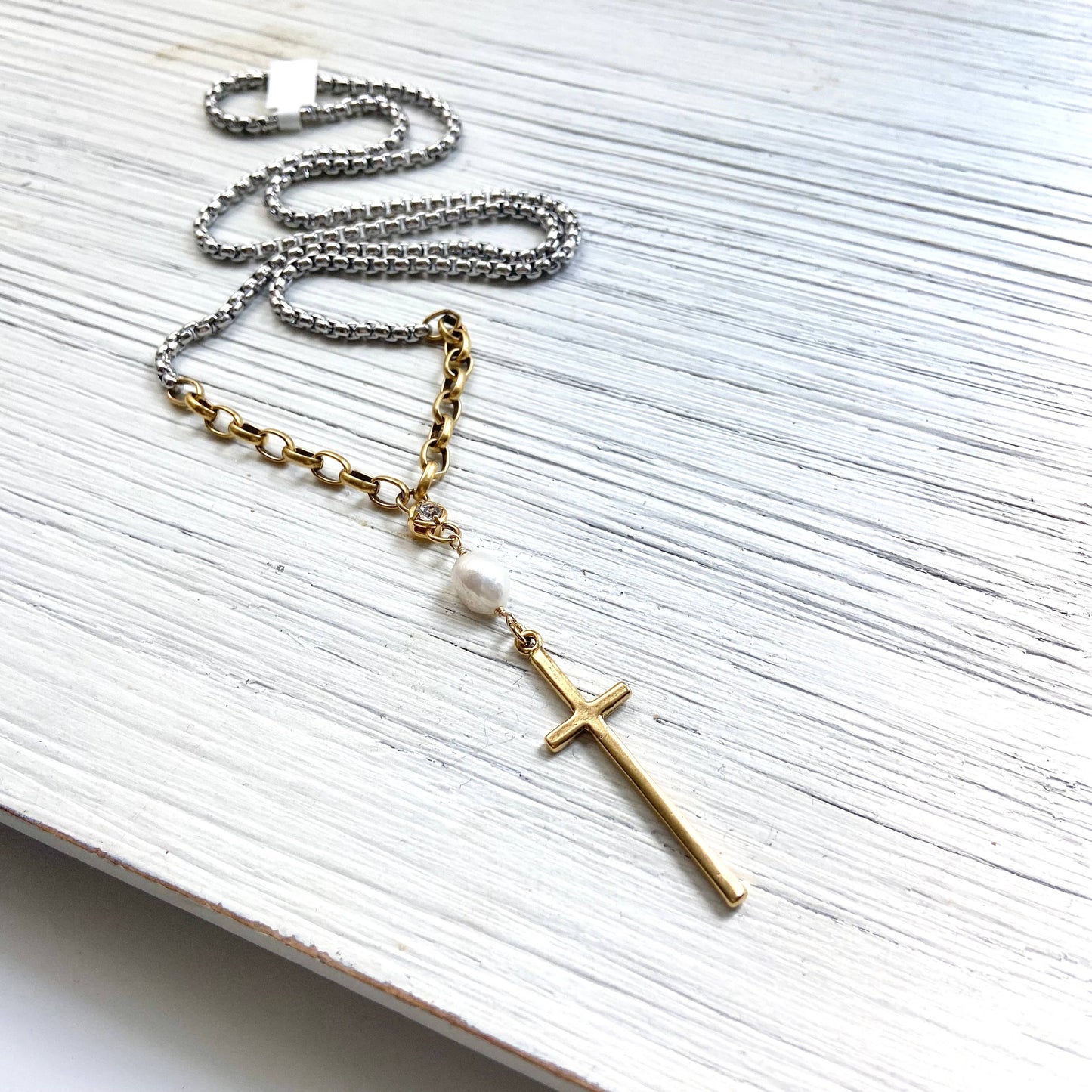 Mixed metal cross pendant necklace pearl