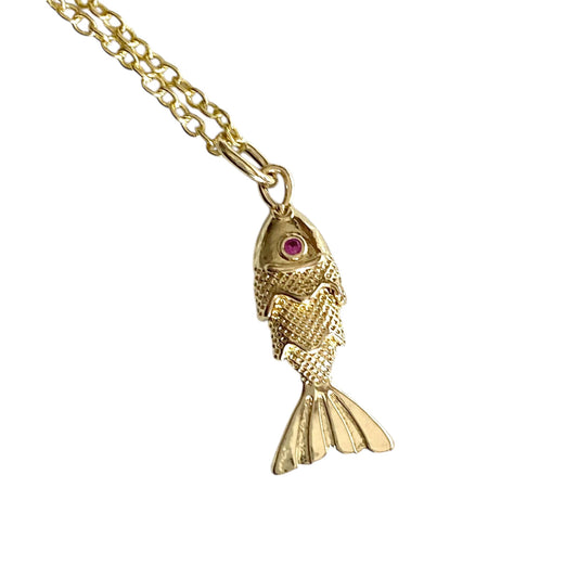 Gold fish necklace charm ruby eyes