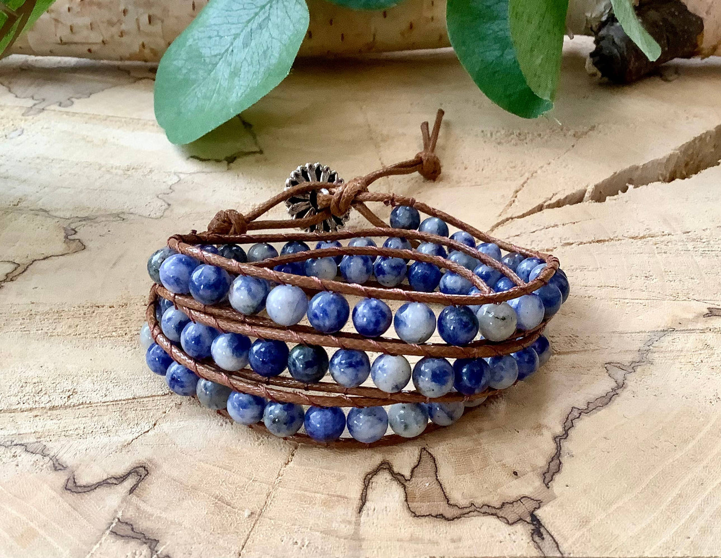 Bracelet, sodalite wrap beaded leather vegan bracelet