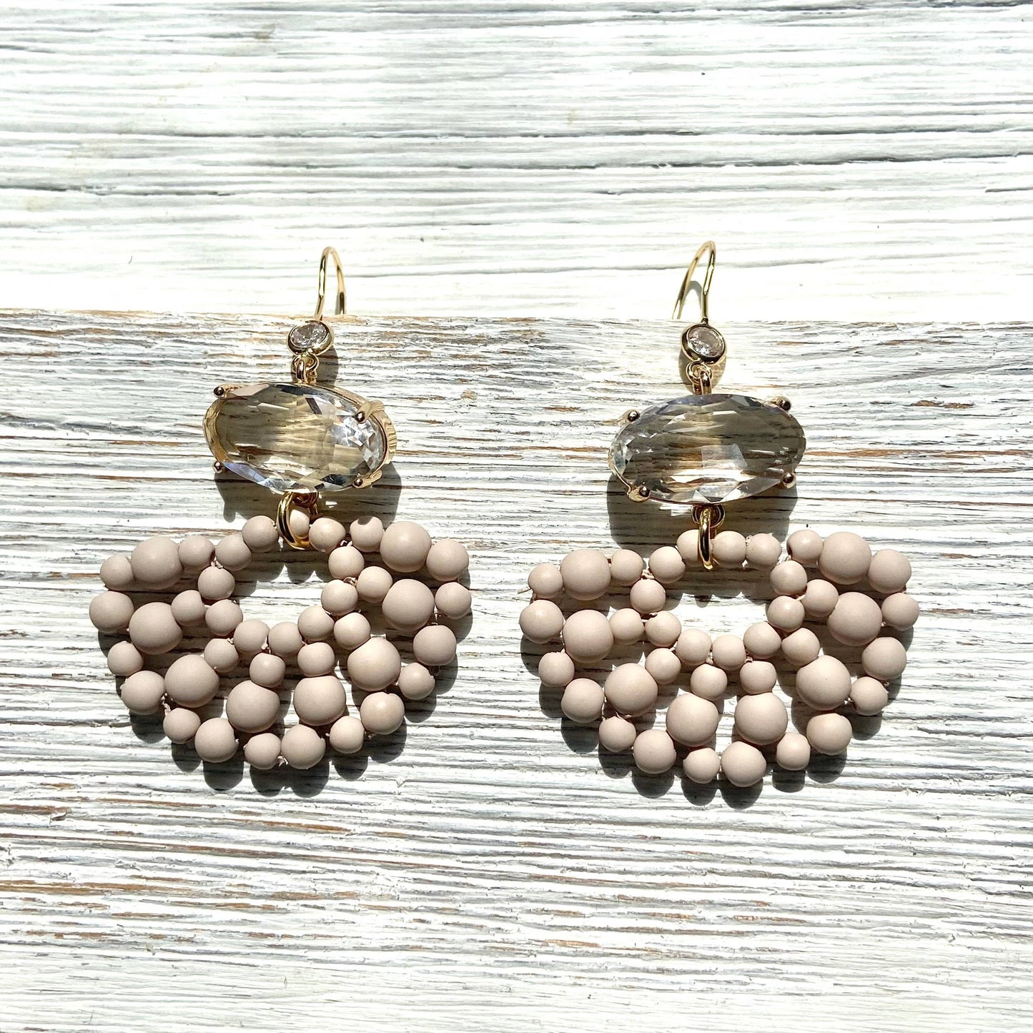 Half moon beaded statement earrings neutral & crystal