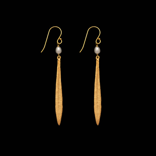 Leaf & Bud Long Pearl Drop Wire Earrings