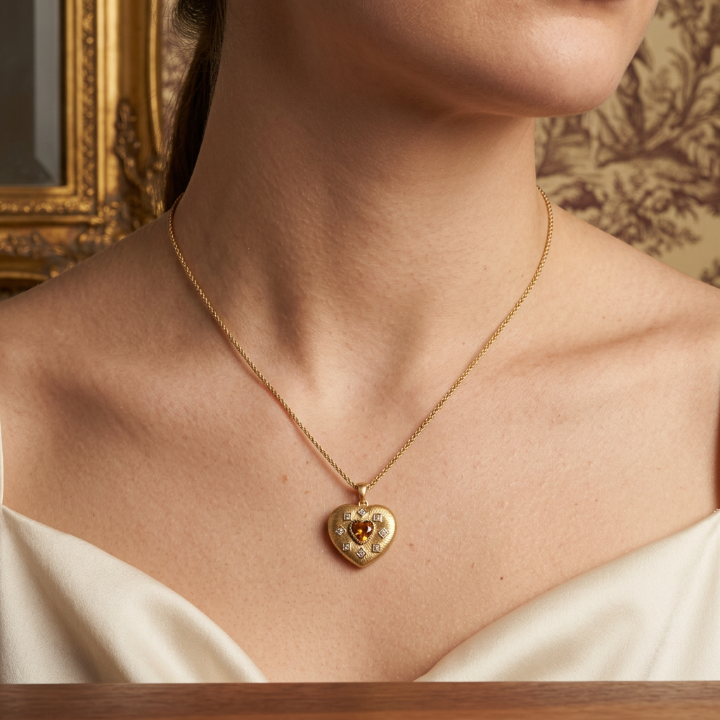 Vintage 18K Gold Plated Crystals Heart Pendant Necklace