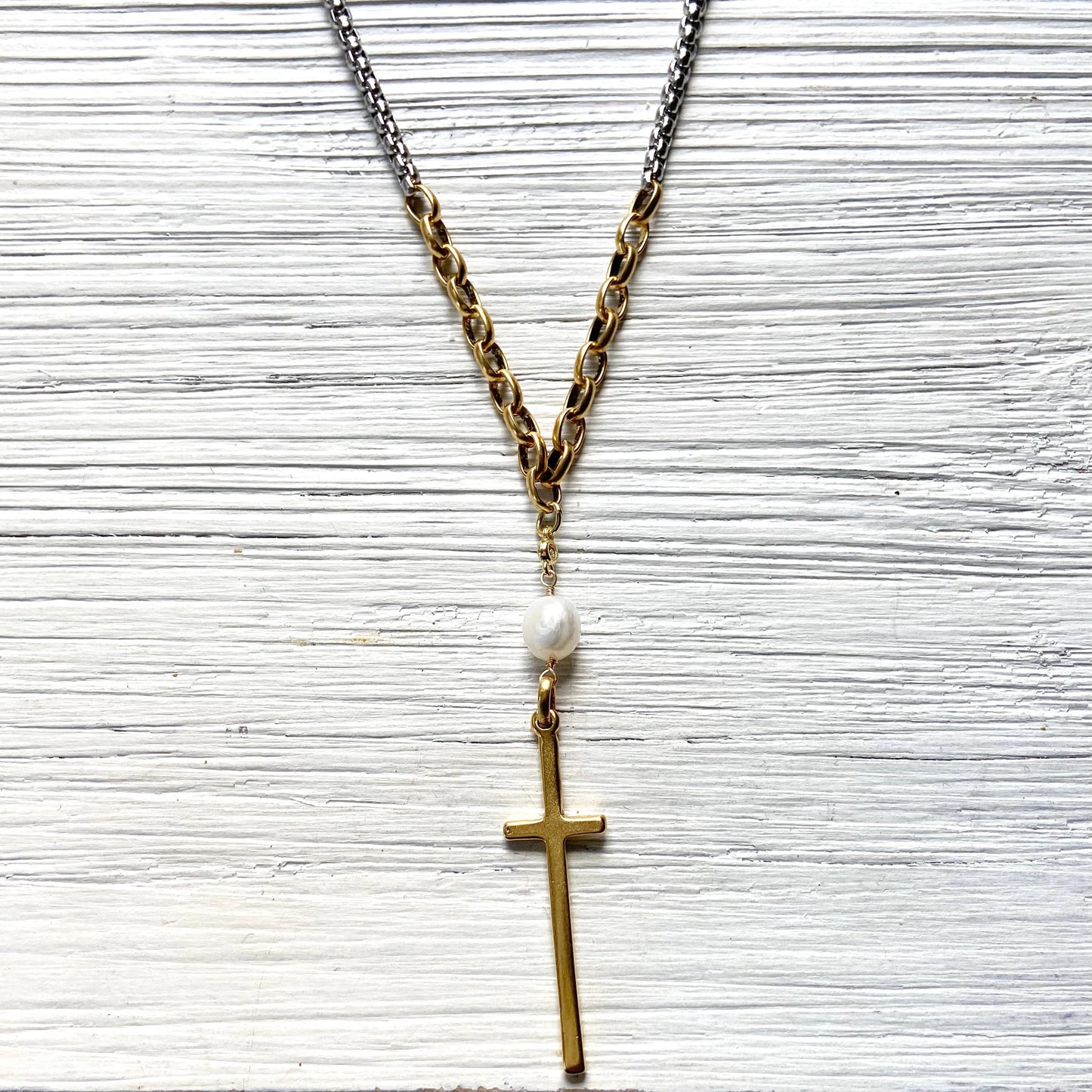 Mixed metal cross pendant necklace pearl