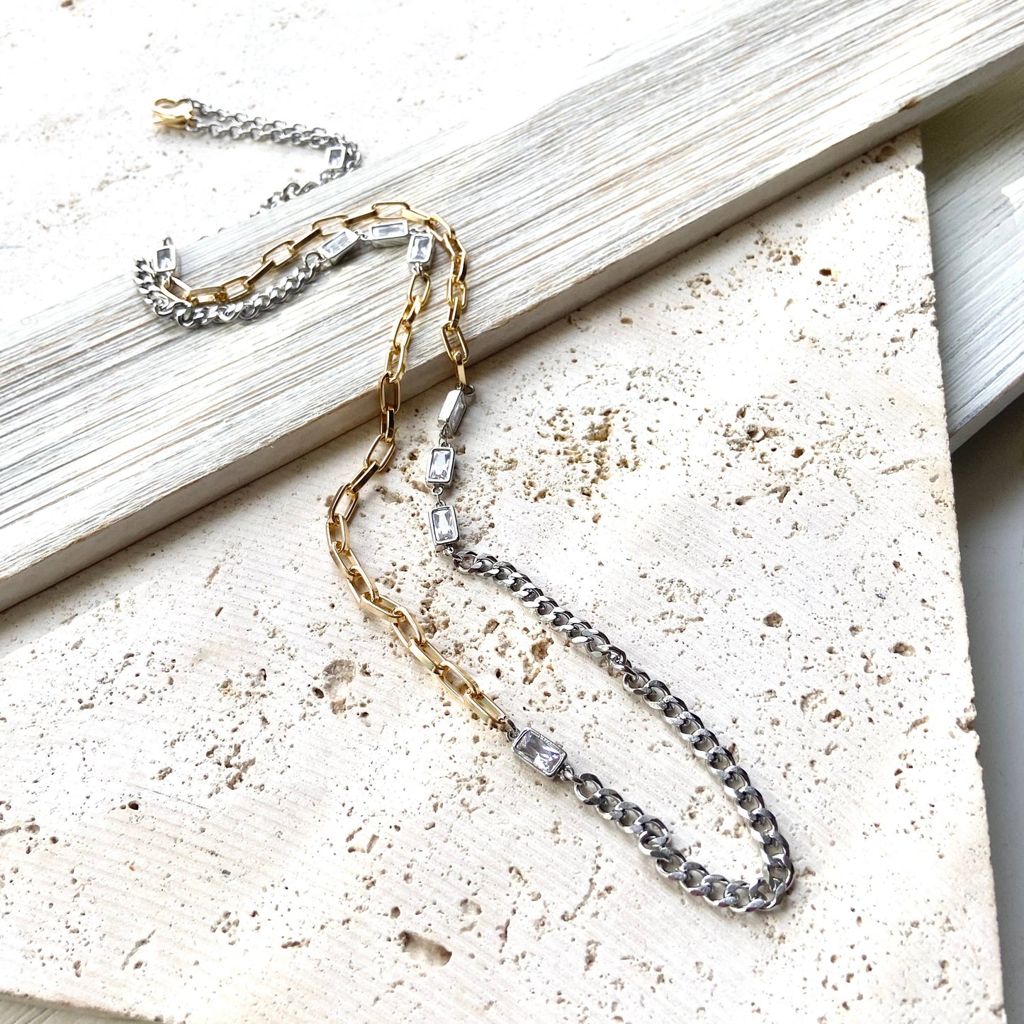 Mixed metal non tarnishing necklace edgy glam jewelry