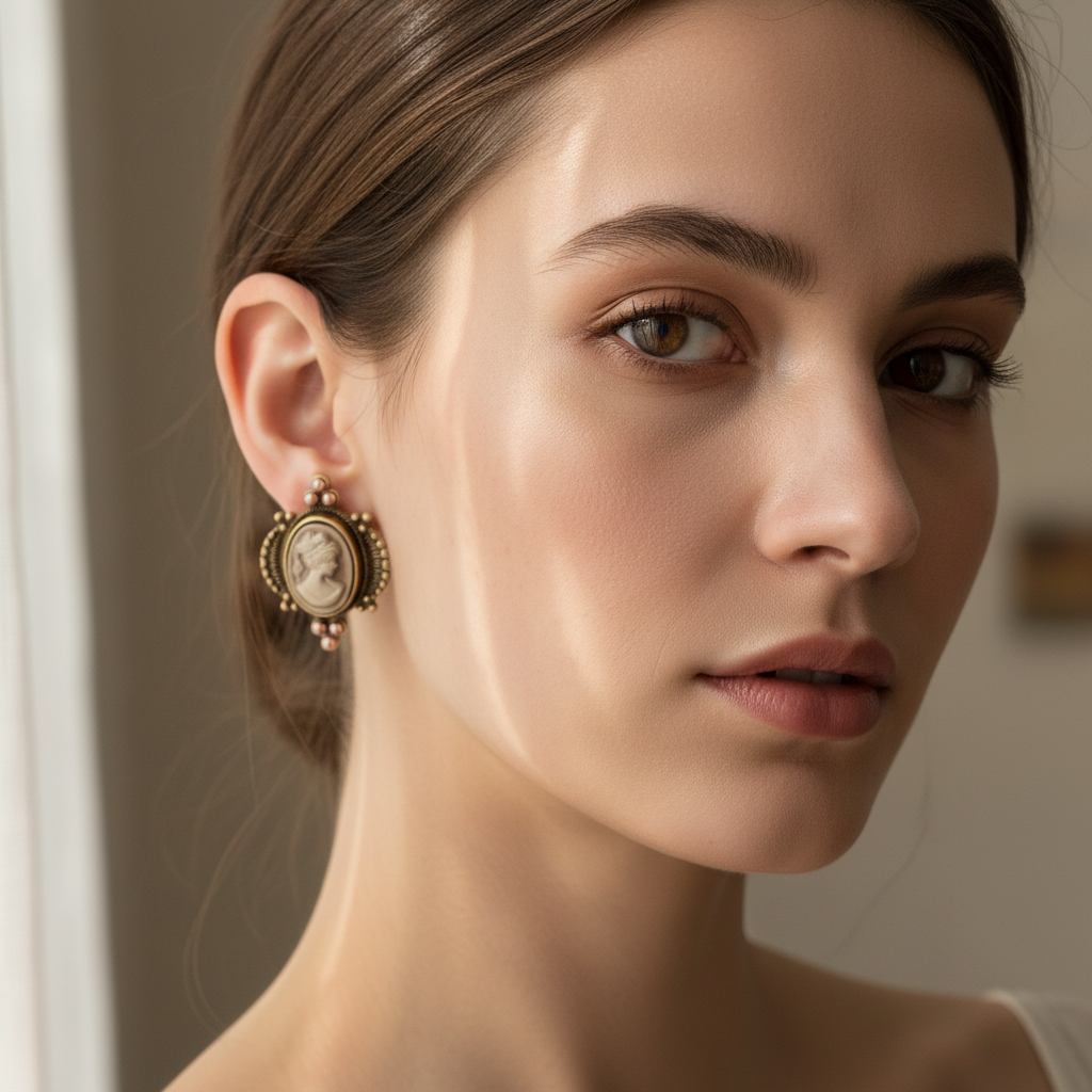 Vintage 18K Gold Plated Cameo Mother’s Day Stud Earrings