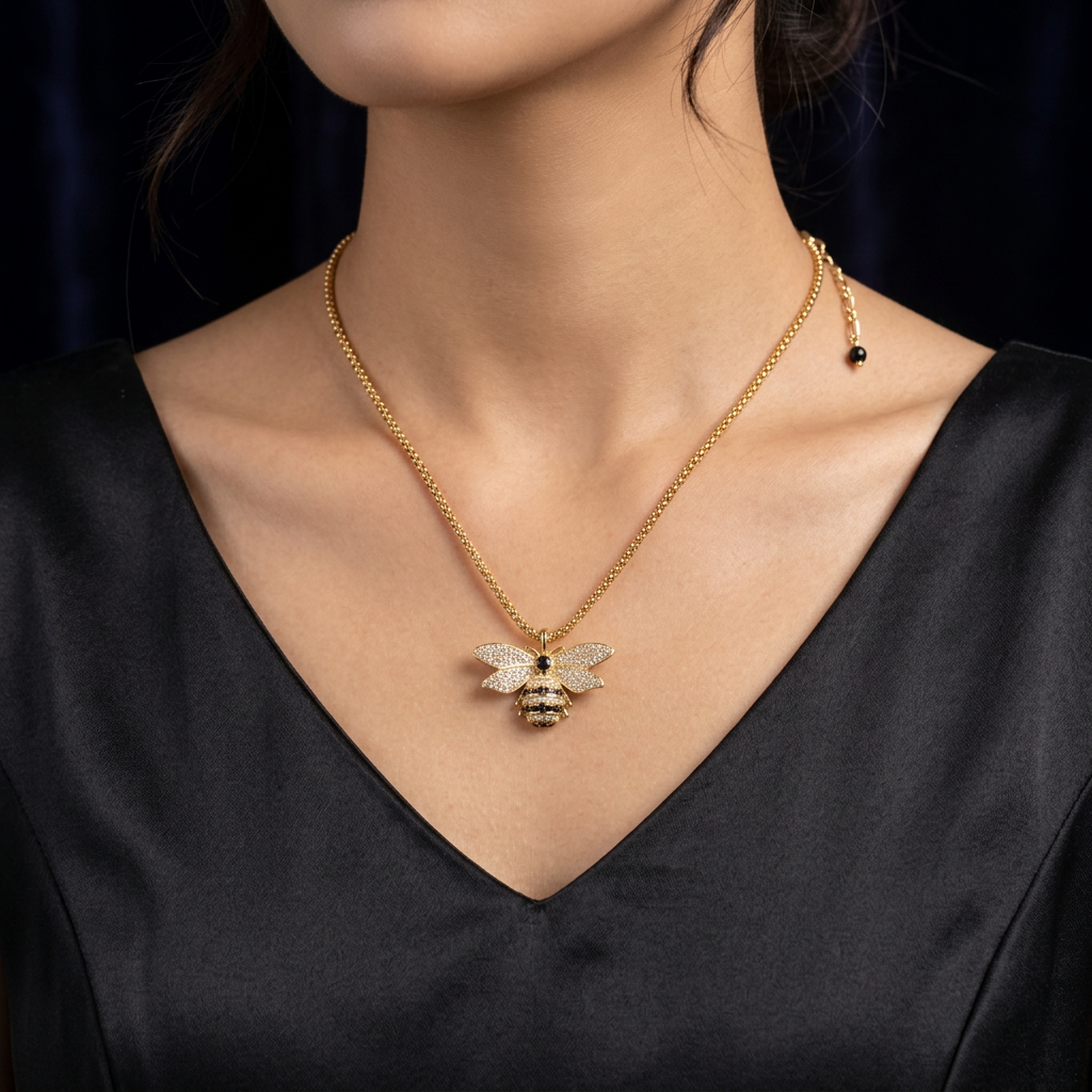 Vintage 18K Gold Plated Bee Pendant Long Sweater Necklace