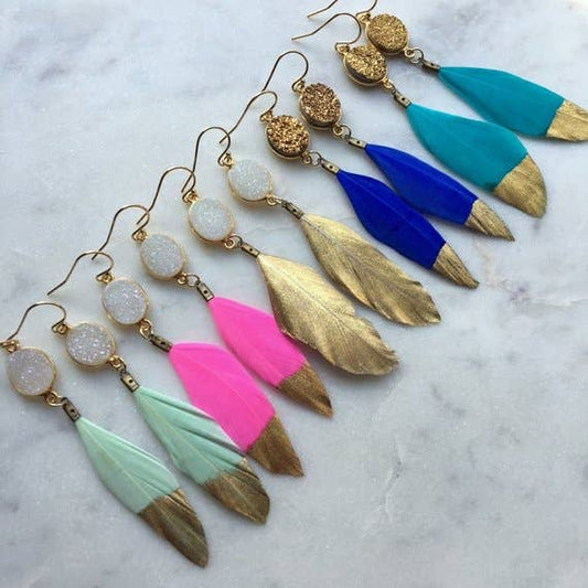 Gold Dipped Druzzy Feather Earrings
