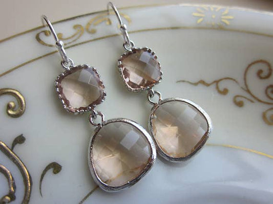 Champagne Peach Earrings Pink Silver Two Tier