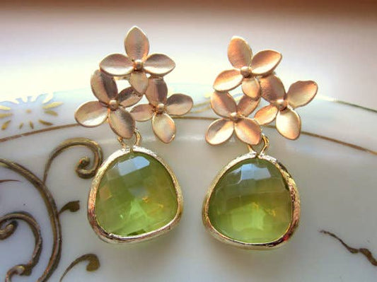 Peridot Apple Green Gold Cherry Blossom Earrings