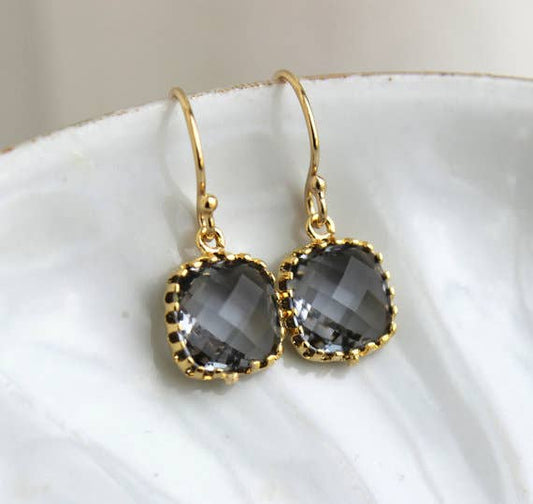 Dainty Charcoal Gray Earrings Gold