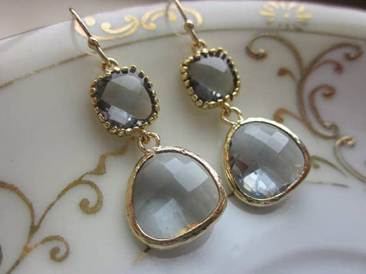 Charcoal Gray Earrings Gold Plated