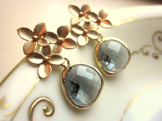 Charcoal Gray Earrings Gold Cherry