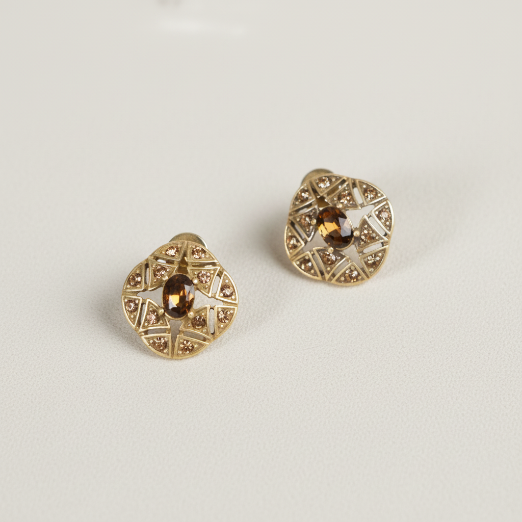 Vintage 18K Gold Plated Hollow Caramel Crystals Earrings