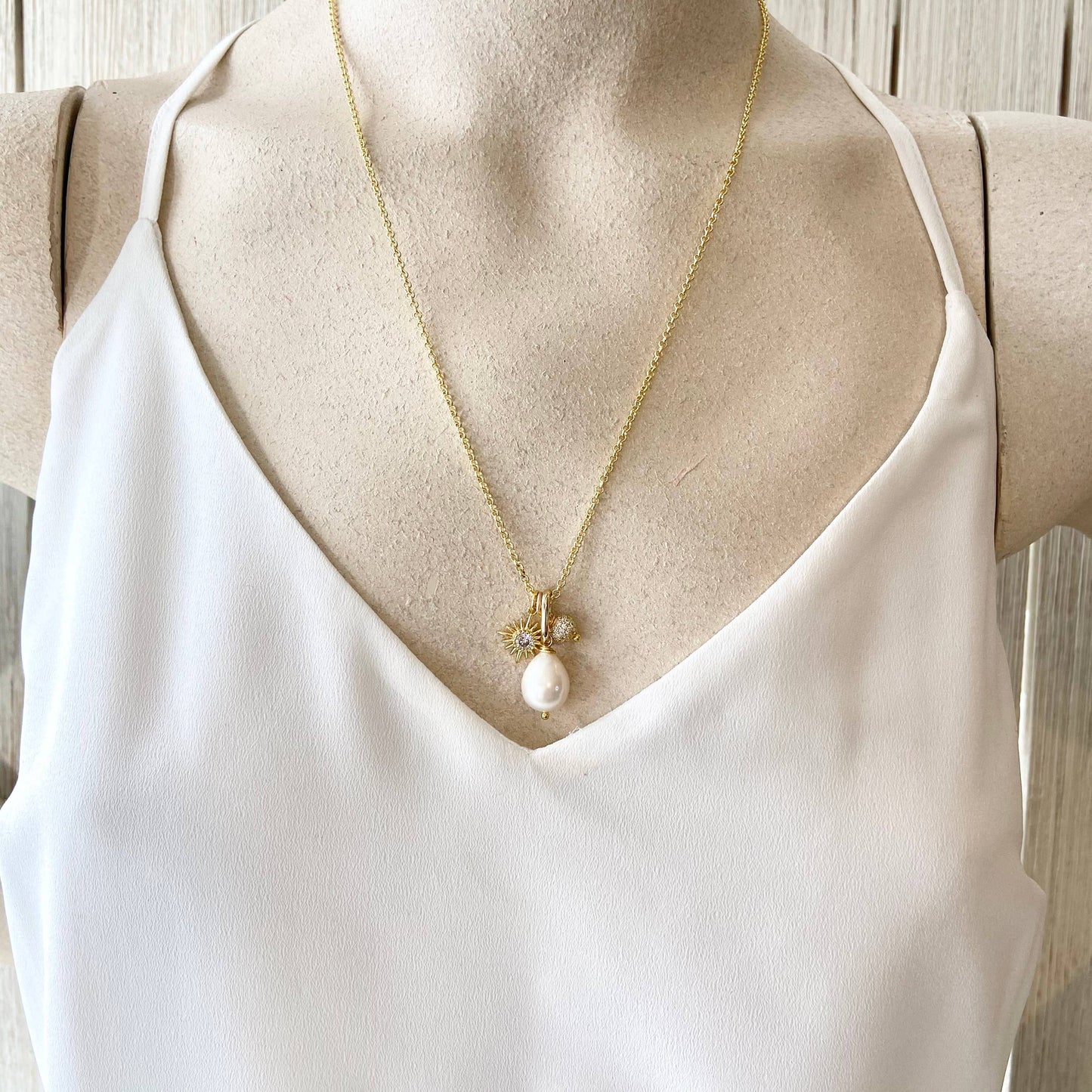 Pearl, sun, micro pave necklace ,boutique,salon,trendy