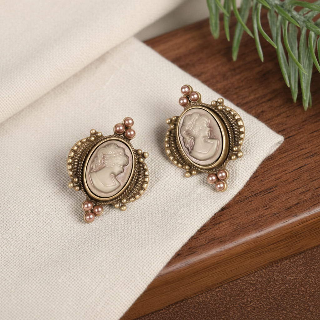 Vintage 18K Gold Plated Cameo Mother’s Day Stud Earrings