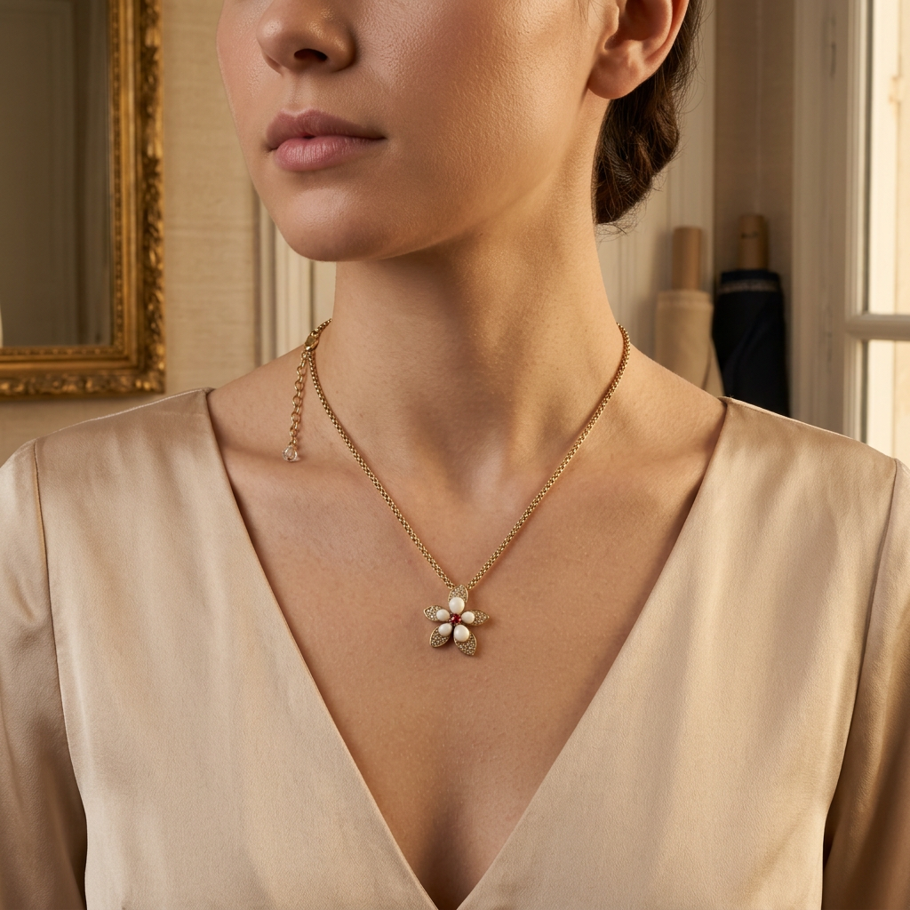 Vintage Gold Plated Shell & Crystals Flower Pendant Necklace
