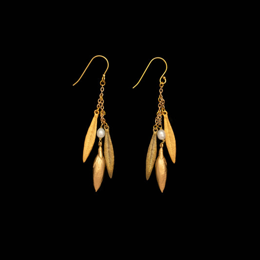 Leaf & Bud Long 3 Leaf Drop Wire Earrings