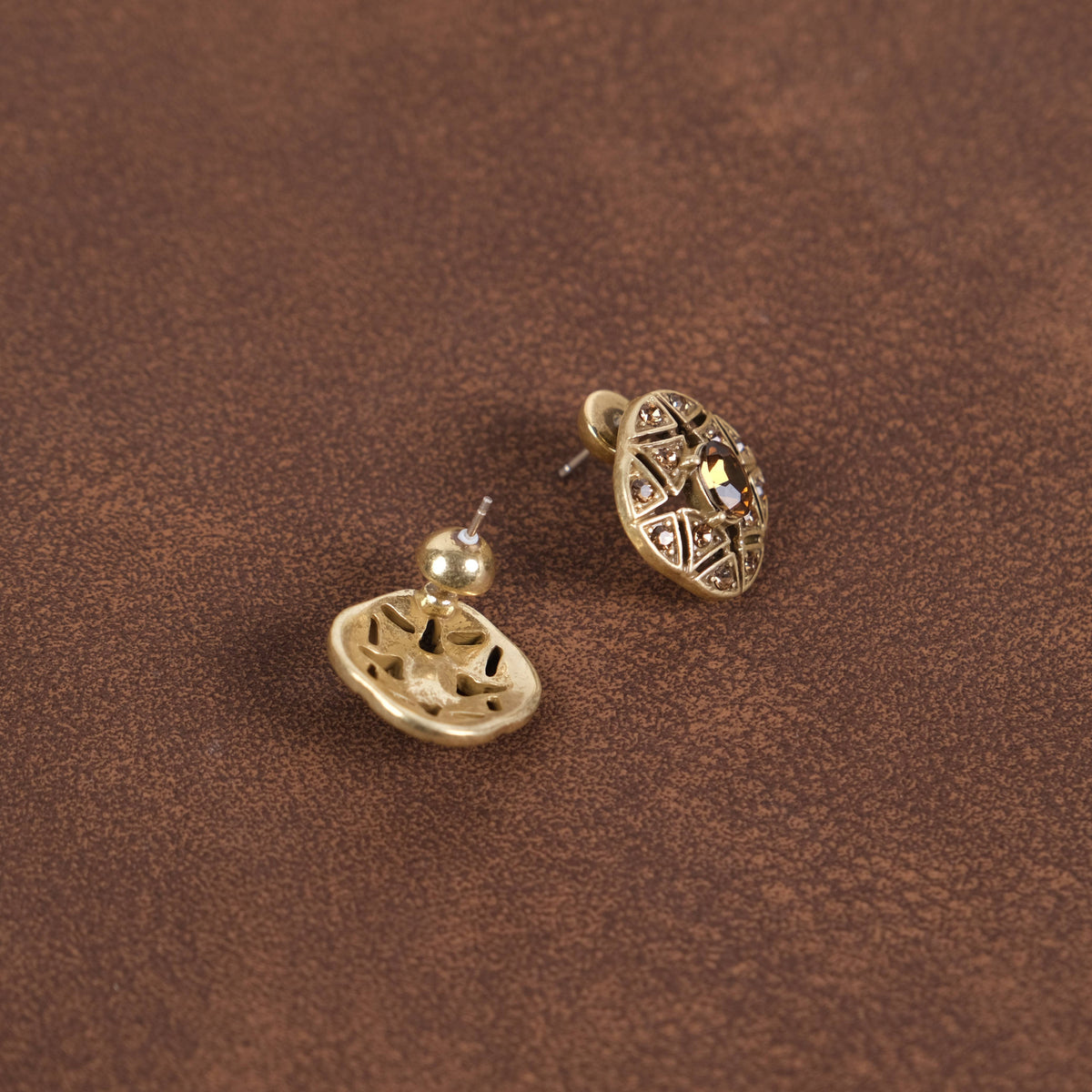 Vintage 18K Gold Plated Hollow Caramel Crystals Earrings