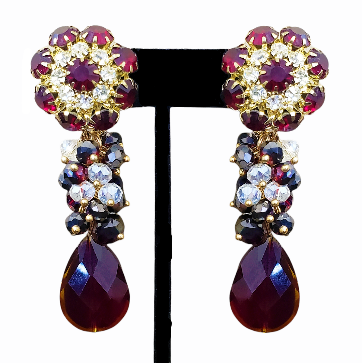 Chunky Red Crystal Flower Statement Earrings | Boho Jewelry