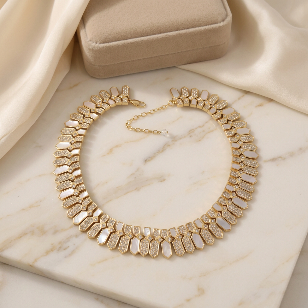 Geometric Natural Shell & Fully Sparkling Crystals Necklace