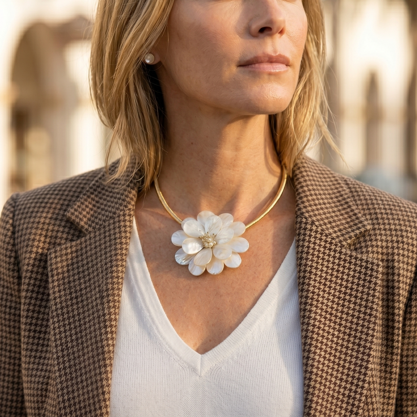 Coastal Pearl Shell Flower Necklace | Fall Statement Jewelry