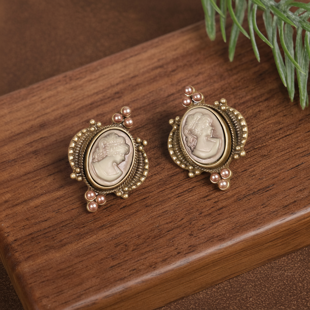Vintage 18K Gold Plated Cameo Mother’s Day Stud Earrings