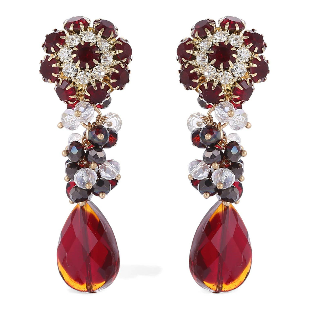 Chunky Red Crystal Flower Statement Earrings | Boho Jewelry