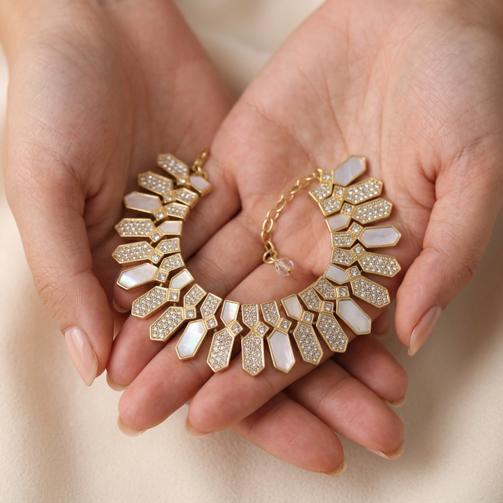 Geometric Natural Shell & Fully Sparkling Crystals Bracelet