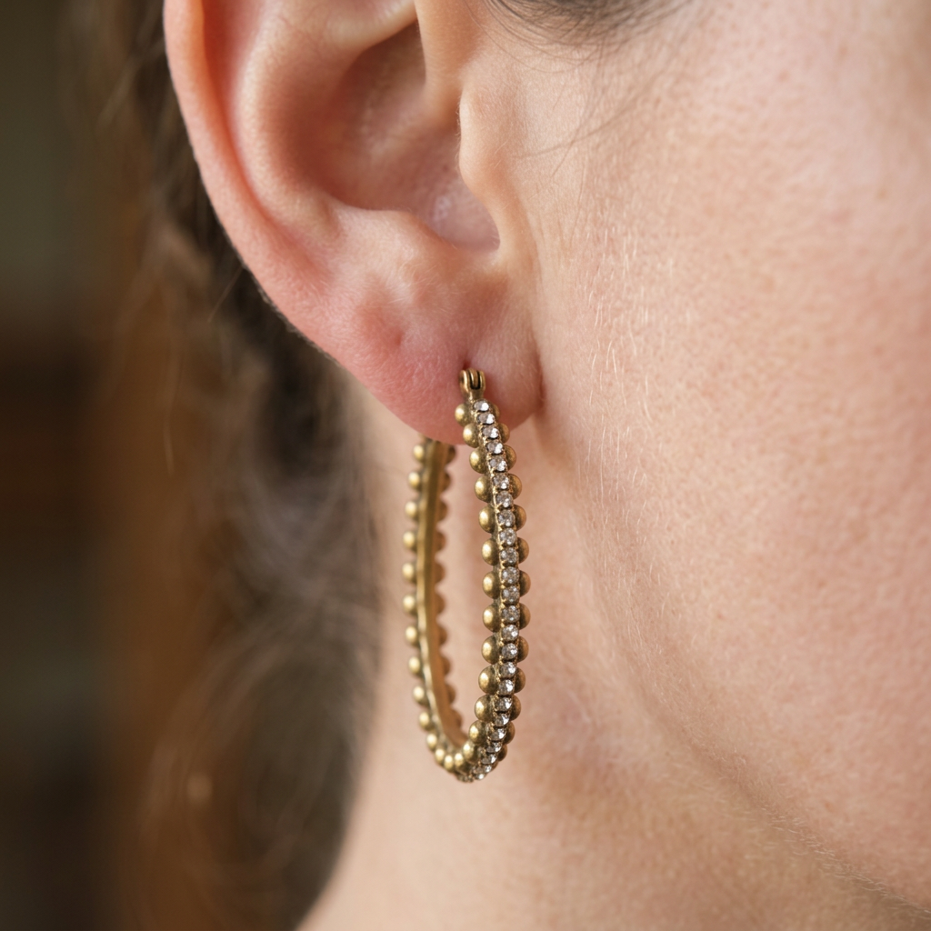 Vintage 18K Gold Plated and Sparkling Crystals Hoop Earrings