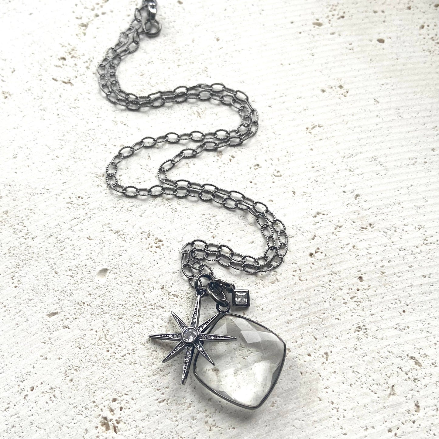 Crystal cluster necklace gunmetal trendy edgy jewelry