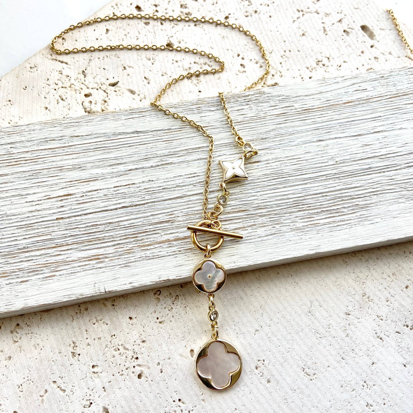 Clover quatrefoil shell pearl necklace non tarnish jewelry