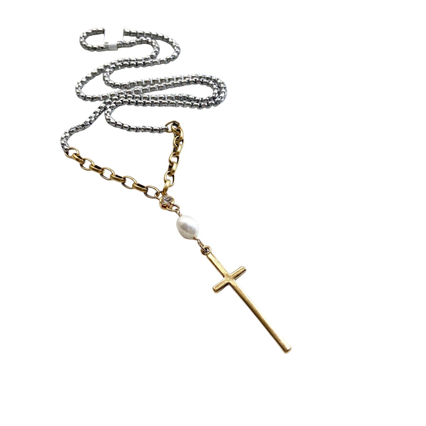 Mixed metal cross pendant necklace pearl
