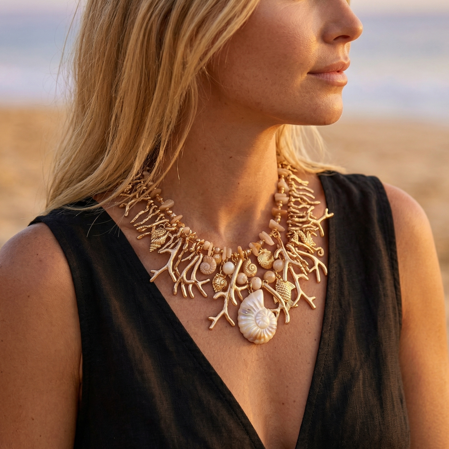 Gold Coral Branch Beaded Shell Necklace | Coastal Statement